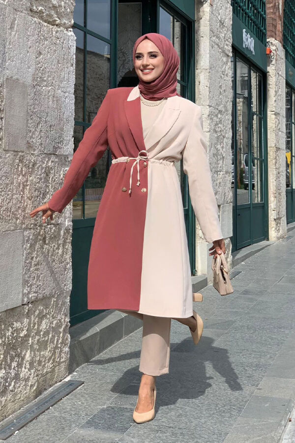 Zweifarbige halblange Jacke mit geknöpfter Taille und Krawatte, 7803 Dried Rose - 1