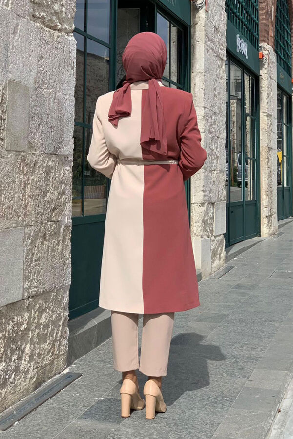 Zweifarbige halblange Jacke mit geknöpfter Taille und Krawatte, 7803 Dried Rose - 2