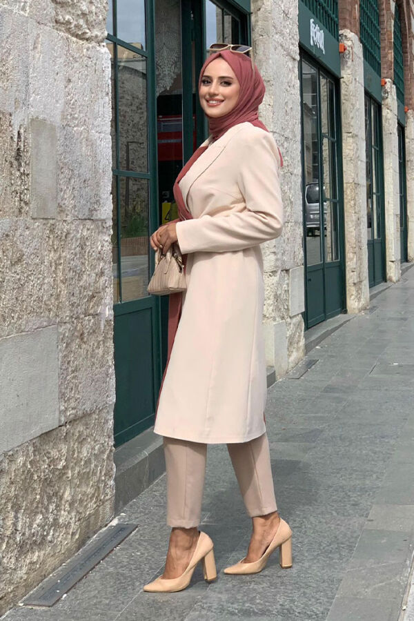 Zweifarbige halblange Jacke mit geknöpfter Taille und Krawatte, 7803 Dried Rose - 3