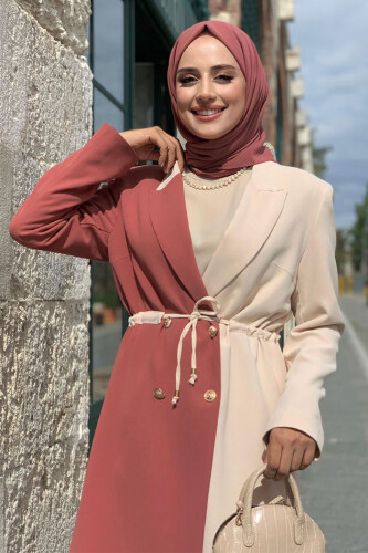 Zweifarbige halblange Jacke mit geknöpfter Taille und Krawatte, 7803 Dried Rose - 4