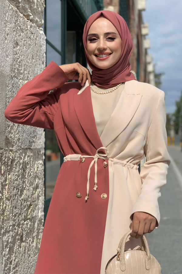 Zweifarbige halblange Jacke mit geknöpfter Taille und Krawatte, 7803 Dried Rose - 4