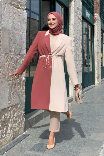Two Color Buttoned Waist Tie Half Length Jacket 7803 Dried Rose 