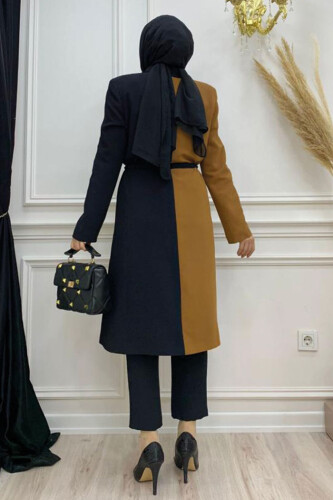 Zweifarbige halblange Jacke mit geknöpfter Taille und Krawatte, 7803 glasiert - 6