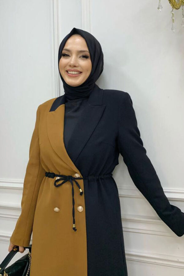 Zweifarbige halblange Jacke mit geknöpfter Taille und Krawatte, 7803 glasiert - 8