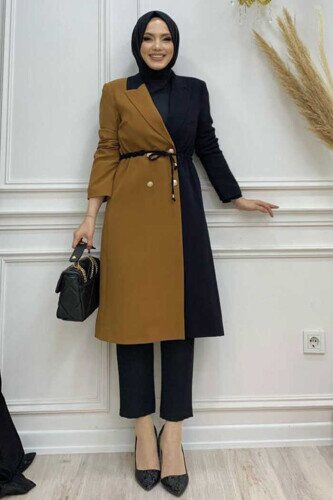 Two Color Buttoned Waist Tie Half Length Jacket 7803 Glazed 