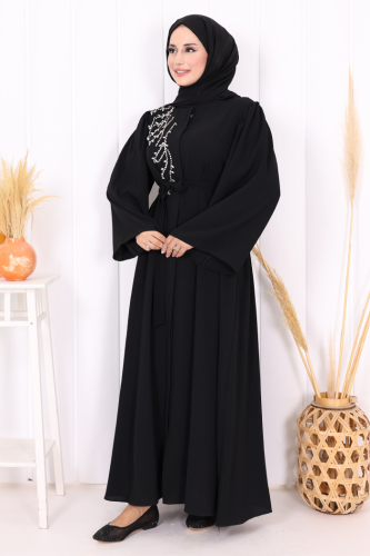 Schultersteinbestickte Taillenkrawatte Abaya 7805 Schwarz 