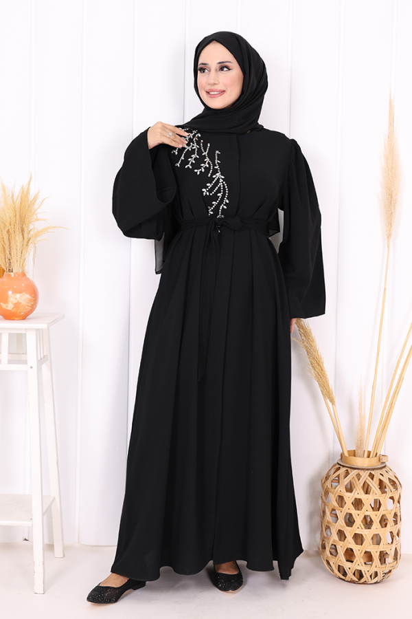 Schultersteinbestickte Taillenkrawatte Abaya 7805 Schwarz - 2