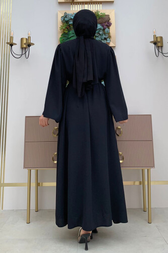 Shoulder Stone Embroidered Waist Tie Abaya 7805 Black - 6