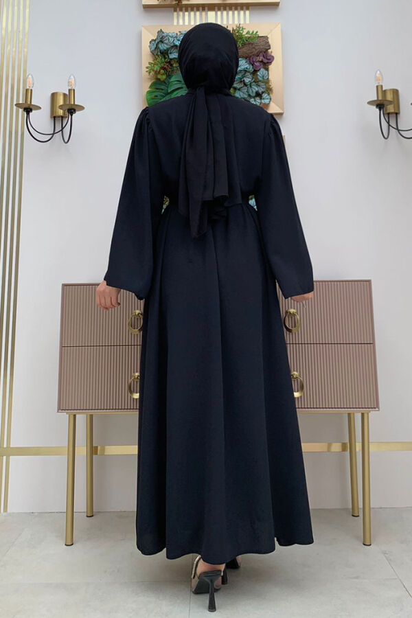 Shoulder Stone Embroidered Waist Tie Abaya 7805 Black - 6