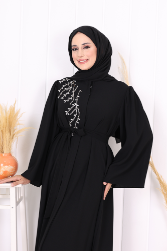 Shoulder Stone Embroidered Waist Tie Abaya 7805 Black - 5