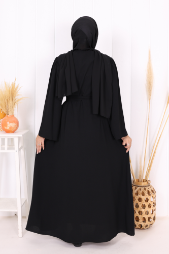 Shoulder Stone Embroidered Waist Tie Abaya 7805 Black - 3