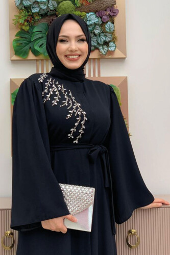 Shoulder Stone Embroidered Waist Tie Abaya 7805 Black - 9