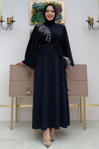 Shoulder Stone Embroidered Waist Tie Abaya 7805 Black - 6