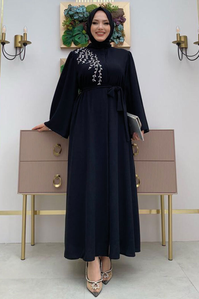 Shoulder Stone Embroidered Waist Tie Abaya 7805 Black - 6