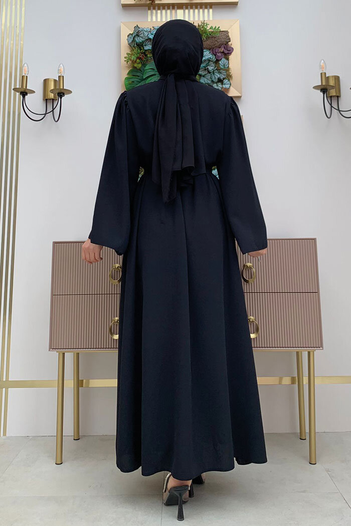 Shoulder Stone Embroidered Waist Tie Abaya 7805 Black - 7