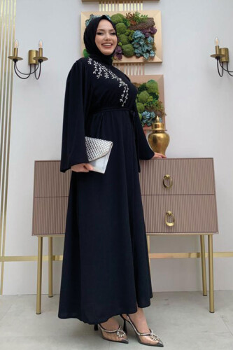 Shoulder Stone Embroidered Waist Tie Abaya 7805 Black - 8