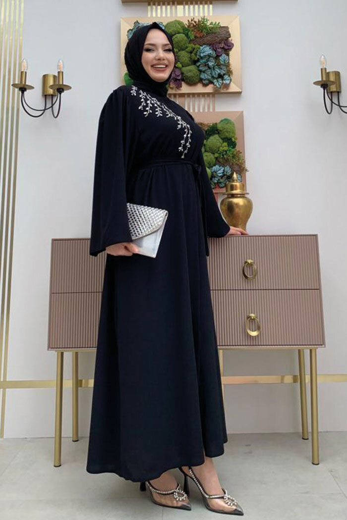 Shoulder Stone Embroidered Waist Tie Abaya 7805 Black - 8