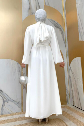 Shoulder Stone Embroidered Waist Tie Abaya 7805 Ecru - 6