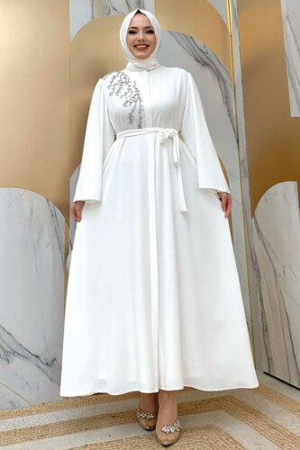 Shoulder Stone Embroidered Waist Tie Abaya 7805 Ecru - 7