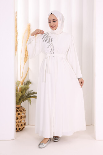 Shoulder Stone Embroidered Waist Tie Abaya 7805 Ecru - 2