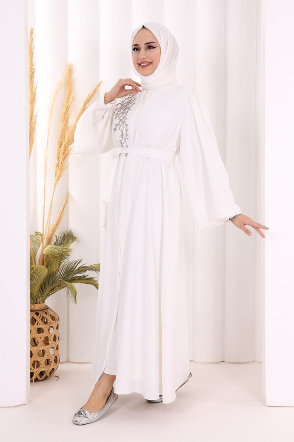 Shoulder Stone Embroidered Waist Tie Abaya 7805 Ecru - 3