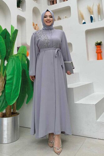 Shoulder Stone Embroidered Waist Tie Abaya 7805 Gray 