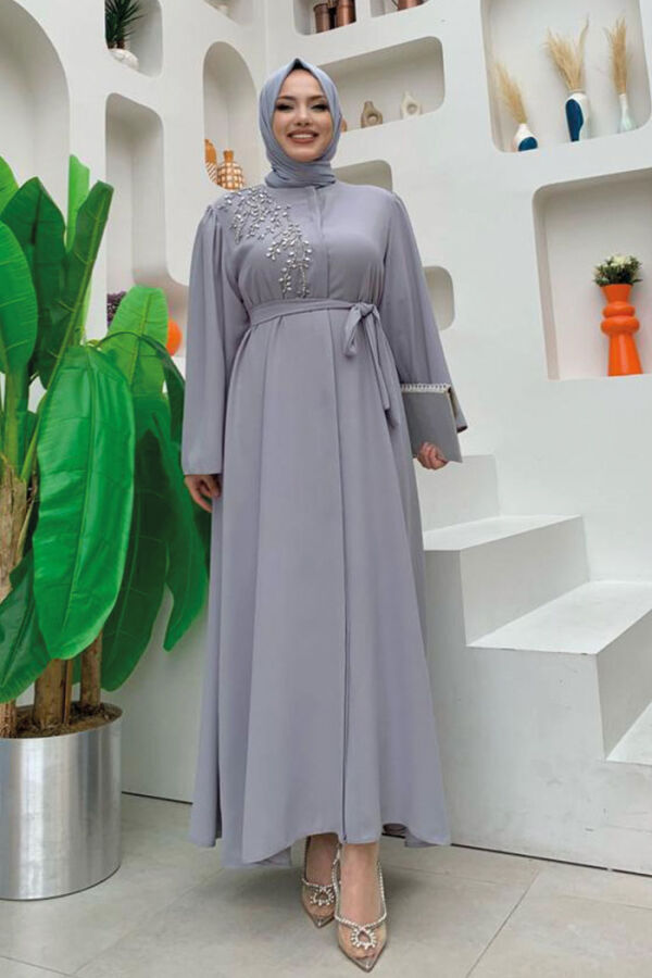 Shoulder Stone Embroidered Waist Tie Abaya 7805 Gray - 5