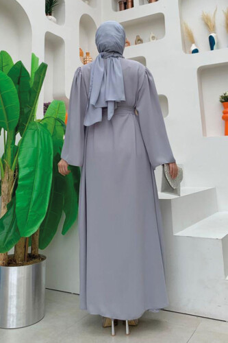 Shoulder Stone Embroidered Waist Tie Abaya 7805 Gray - 6