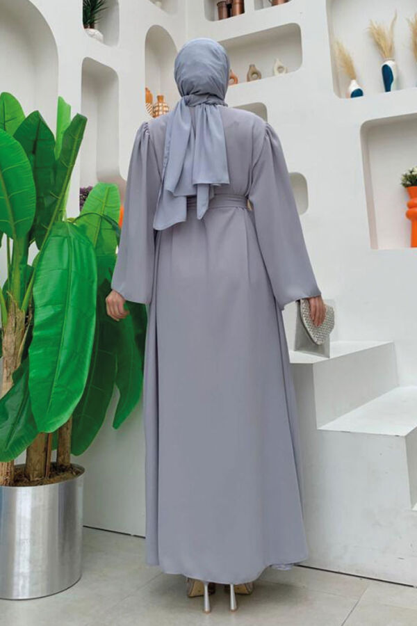 Shoulder Stone Embroidered Waist Tie Abaya 7805 Gray - 6