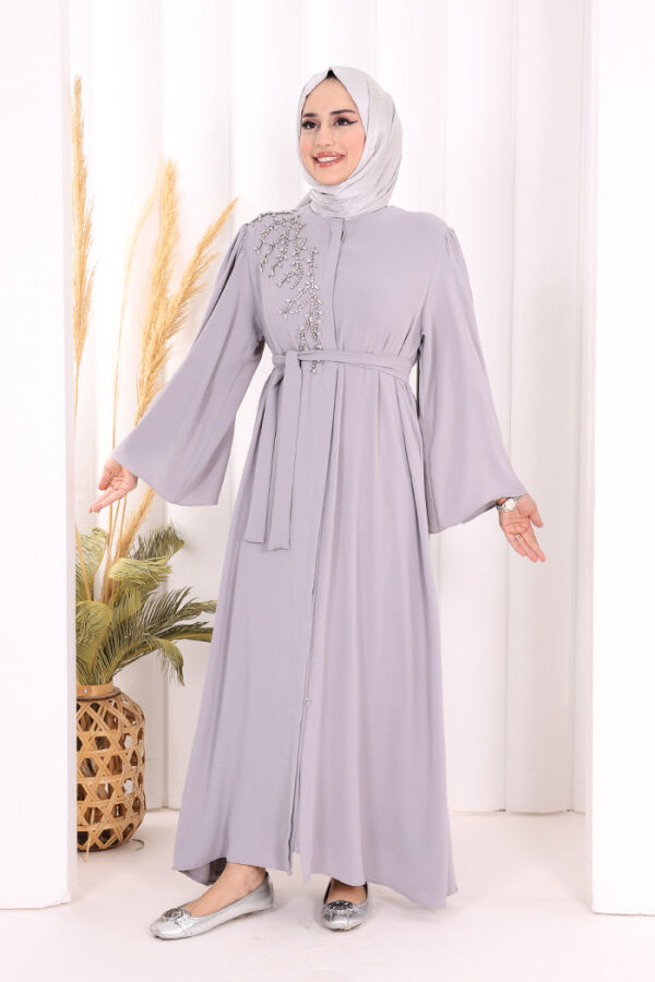 Shoulder Stone Embroidered Waist Tie Abaya 7805 Gray - 1