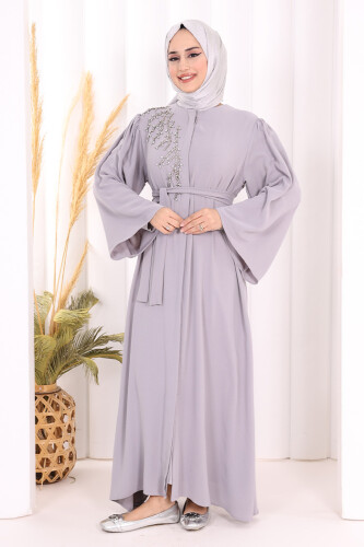 Shoulder Stone Embroidered Waist Tie Abaya 7805 Gray - 2