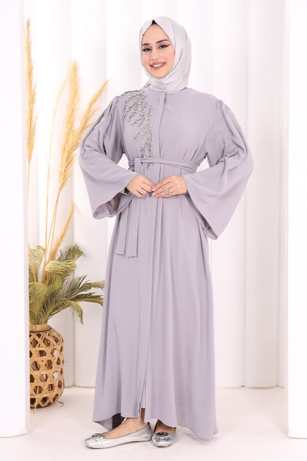 Shoulder Stone Embroidered Waist Tie Abaya 7805 Gray - 2