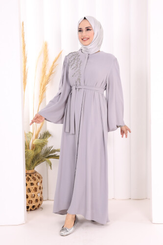 Shoulder Stone Embroidered Waist Tie Abaya 7805 Gray - 3