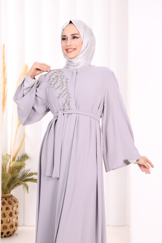 Shoulder Stone Embroidered Waist Tie Abaya 7805 Gray - 4