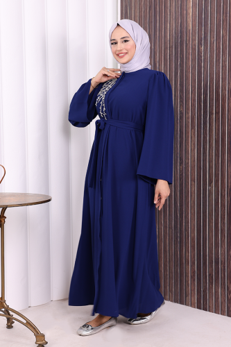 عباية مطرزة بحجر الكتف على الخصر 7805 كحلي - 4