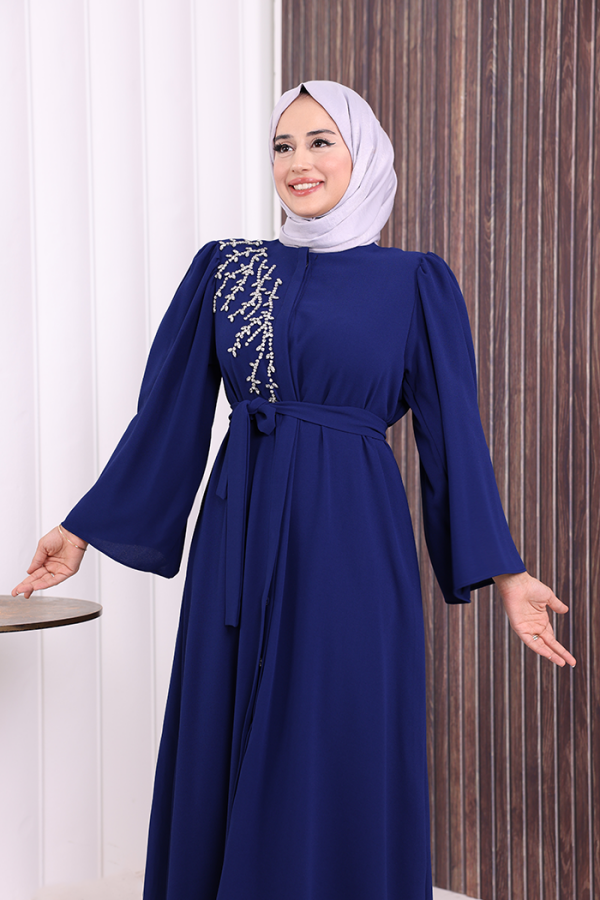 عباية مطرزة بحجر الكتف على الخصر 7805 كحلي - 6