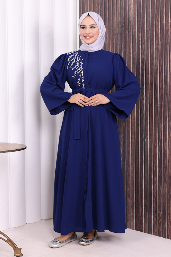 Shoulder Stone Embroidered Waist Tie Abaya 7805 Navy Blue - 1