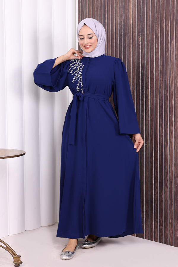 Shoulder Stone Embroidered Waist Tie Abaya 7805 Navy Blue - 2