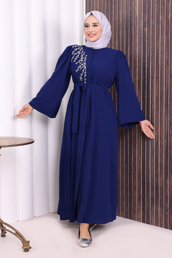 Shoulder Stone Embroidered Waist Tie Abaya 7805 Navy Blue - 3