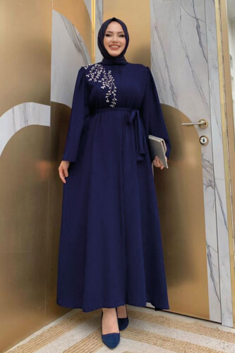 Shoulder Stone Embroidered Waist Tie Abaya 7805 Navy Blue - 8