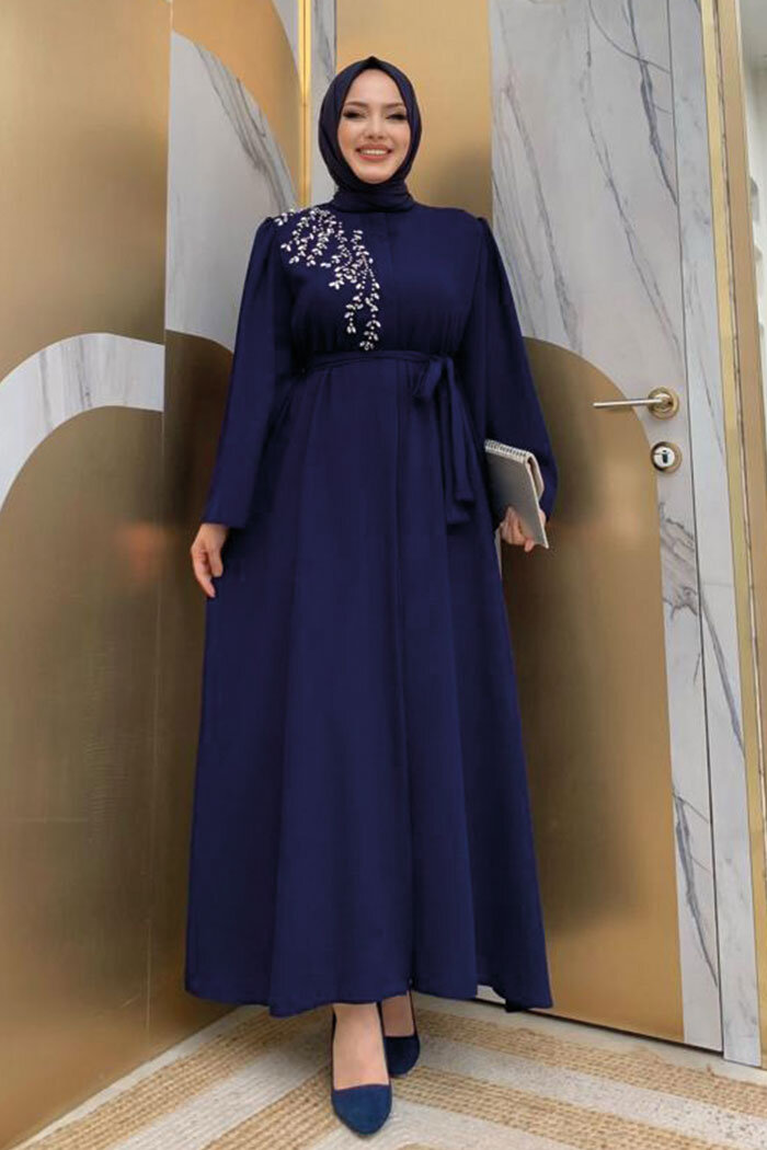 Shoulder Stone Embroidered Waist Tie Abaya 7805 Navy Blue - 8