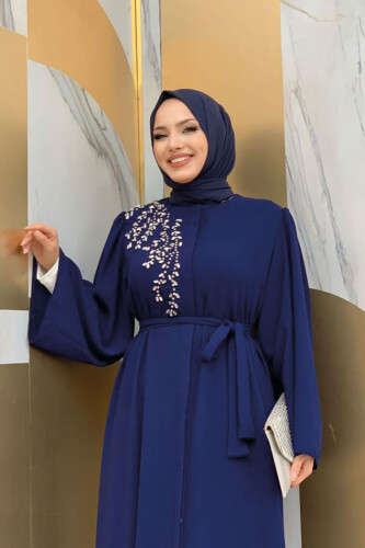 Shoulder Stone Embroidered Waist Tie Abaya 7805 Navy Blue - 11