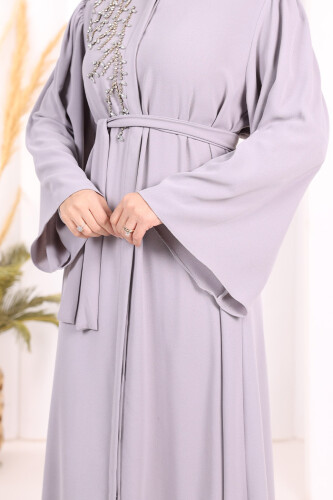 Omuz Taş İşlemeli Bel Bağlamalı Ferace 7805 Gri - 5
