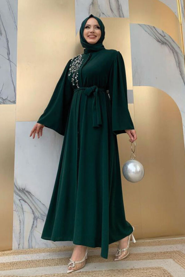 Shoulder Stone Embroidered Waist Tie Abaya 7805 Emerald - 7