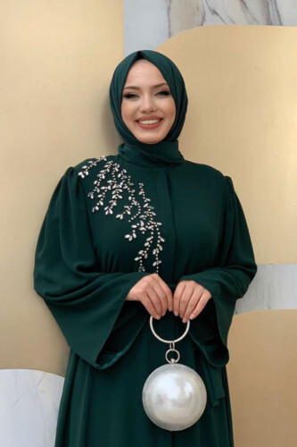 Shoulder Stone Embroidered Waist Tie Abaya 7805 Emerald - 8