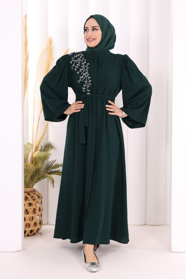 Shoulder Stone Embroidered Waist Tie Abaya 7805 Emerald - 1