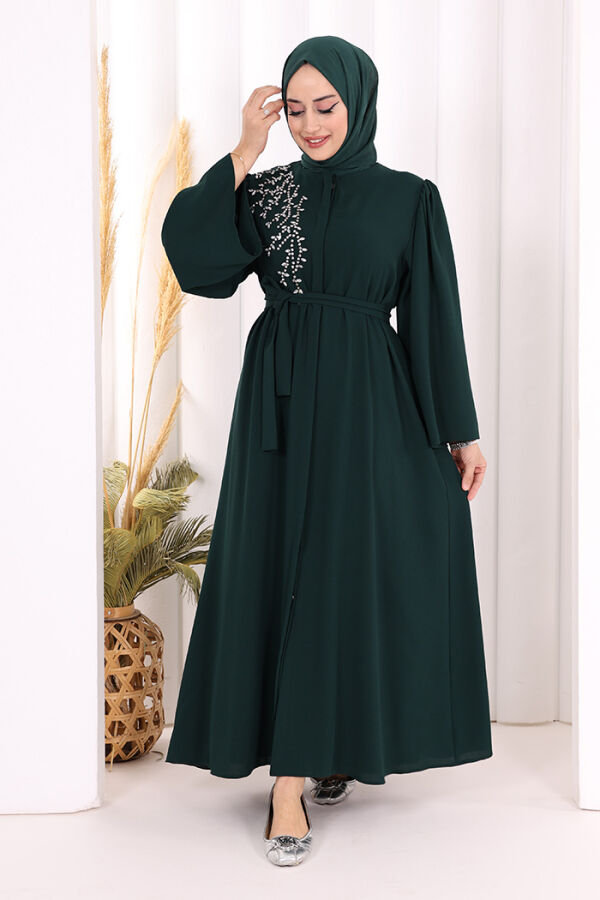 Shoulder Stone Embroidered Waist Tie Abaya 7805 Emerald - 2