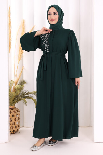 Shoulder Stone Embroidered Waist Tie Abaya 7805 Emerald - 3