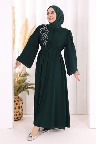 Shoulder Stone Embroidered Waist Tie Abaya 7805 Emerald - 4