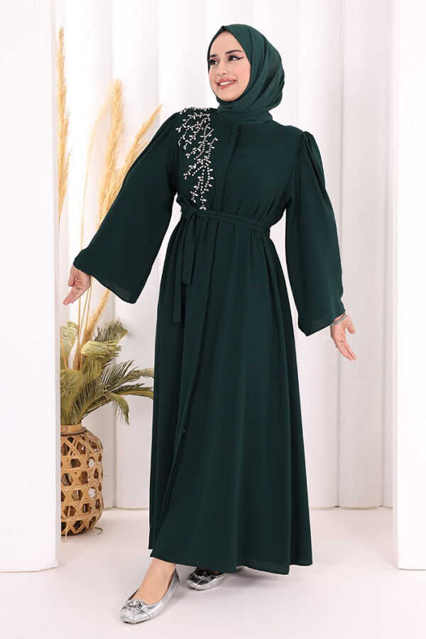 Shoulder Stone Embroidered Waist Tie Abaya 7805 Emerald - 4